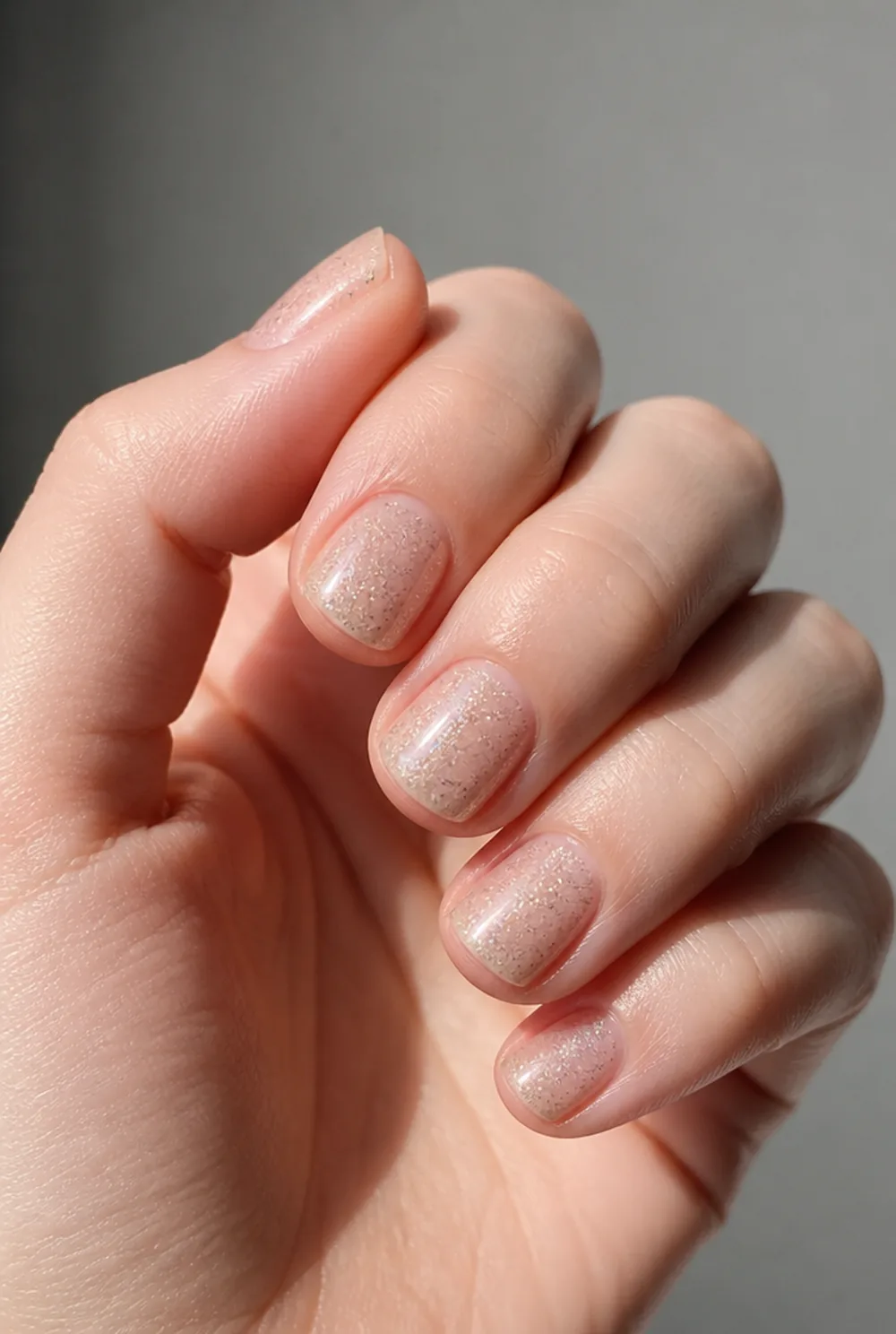bare with sparkle topper nail art on fair skin, short length