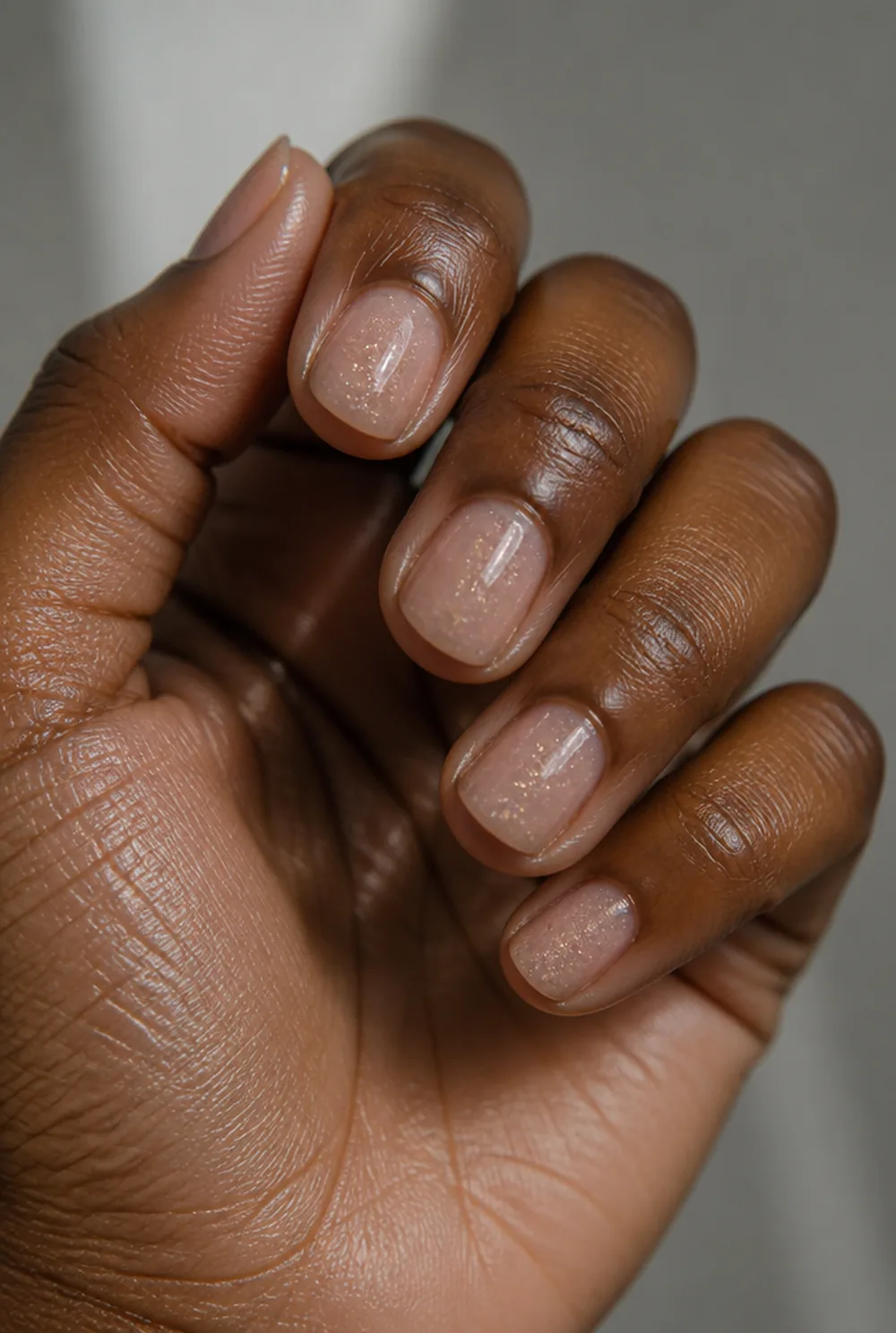 bare with sparkle topper nail art on deep brown skin