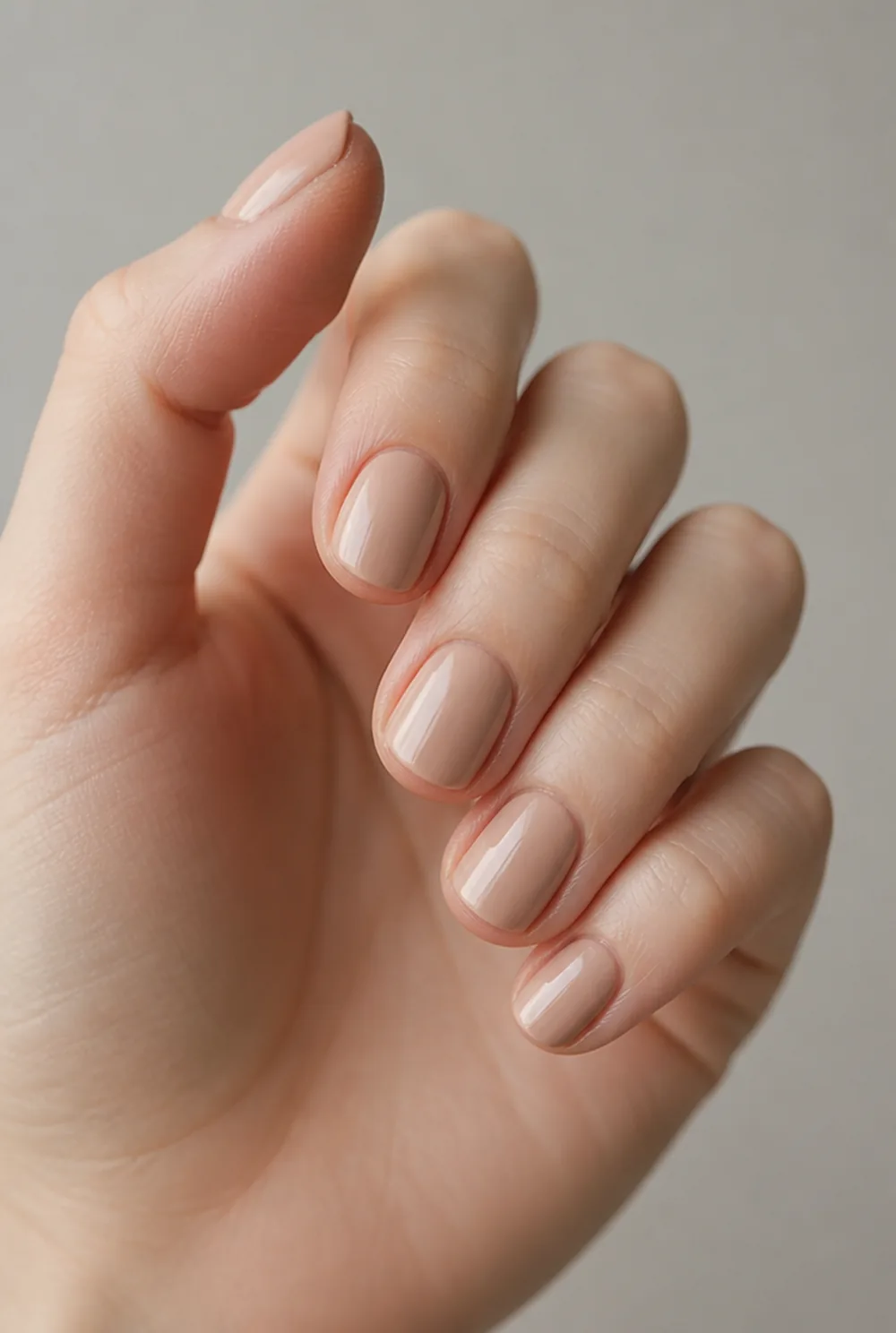 matched nude nail art on fair skin, short length