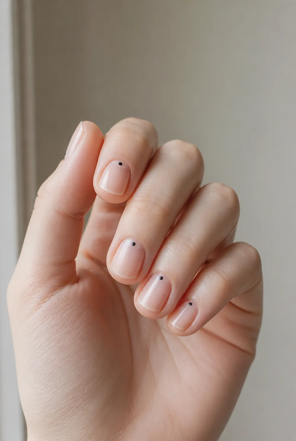 single dot nail art on fair skin, short length