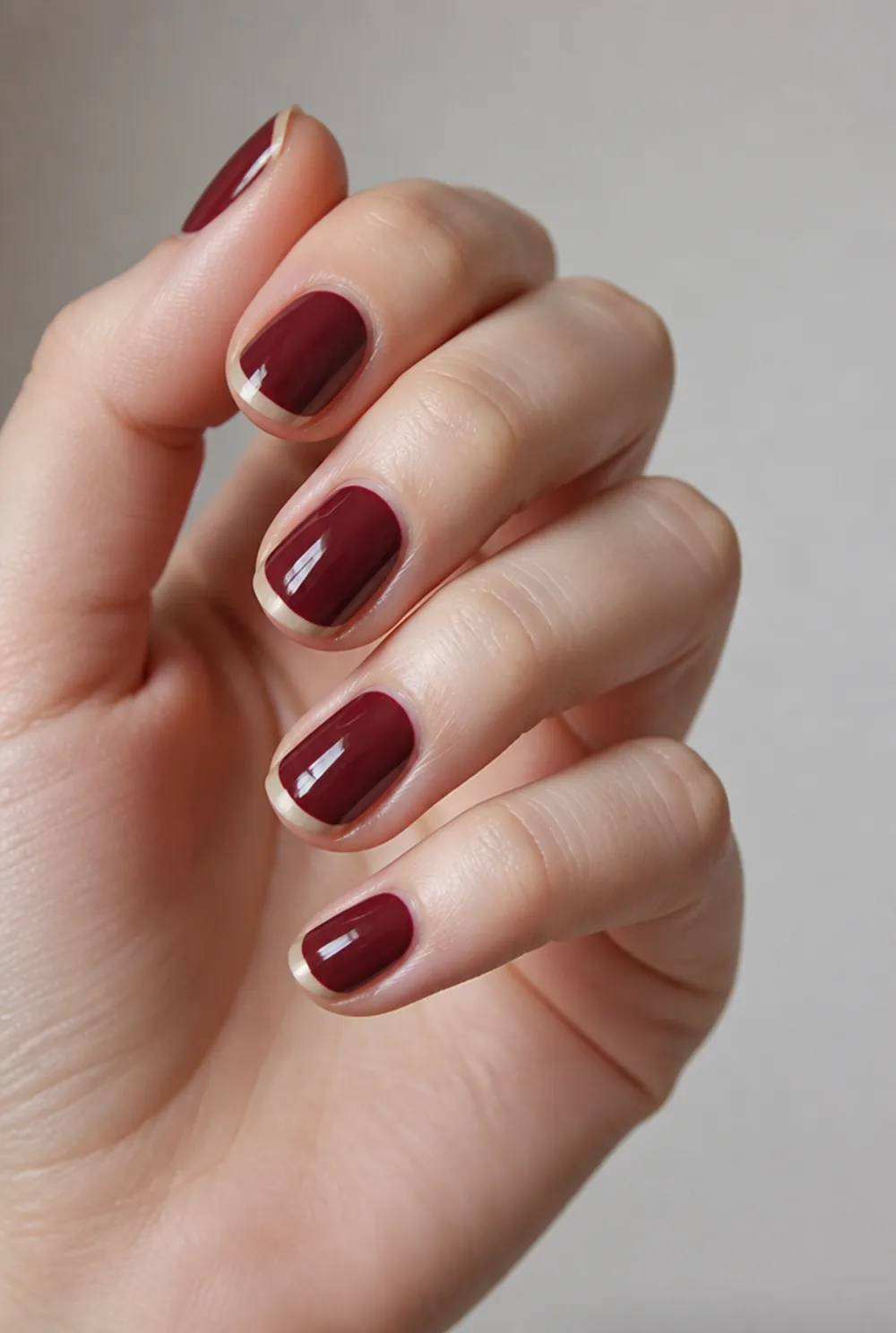 negative space tip nail art on fair skin, short length