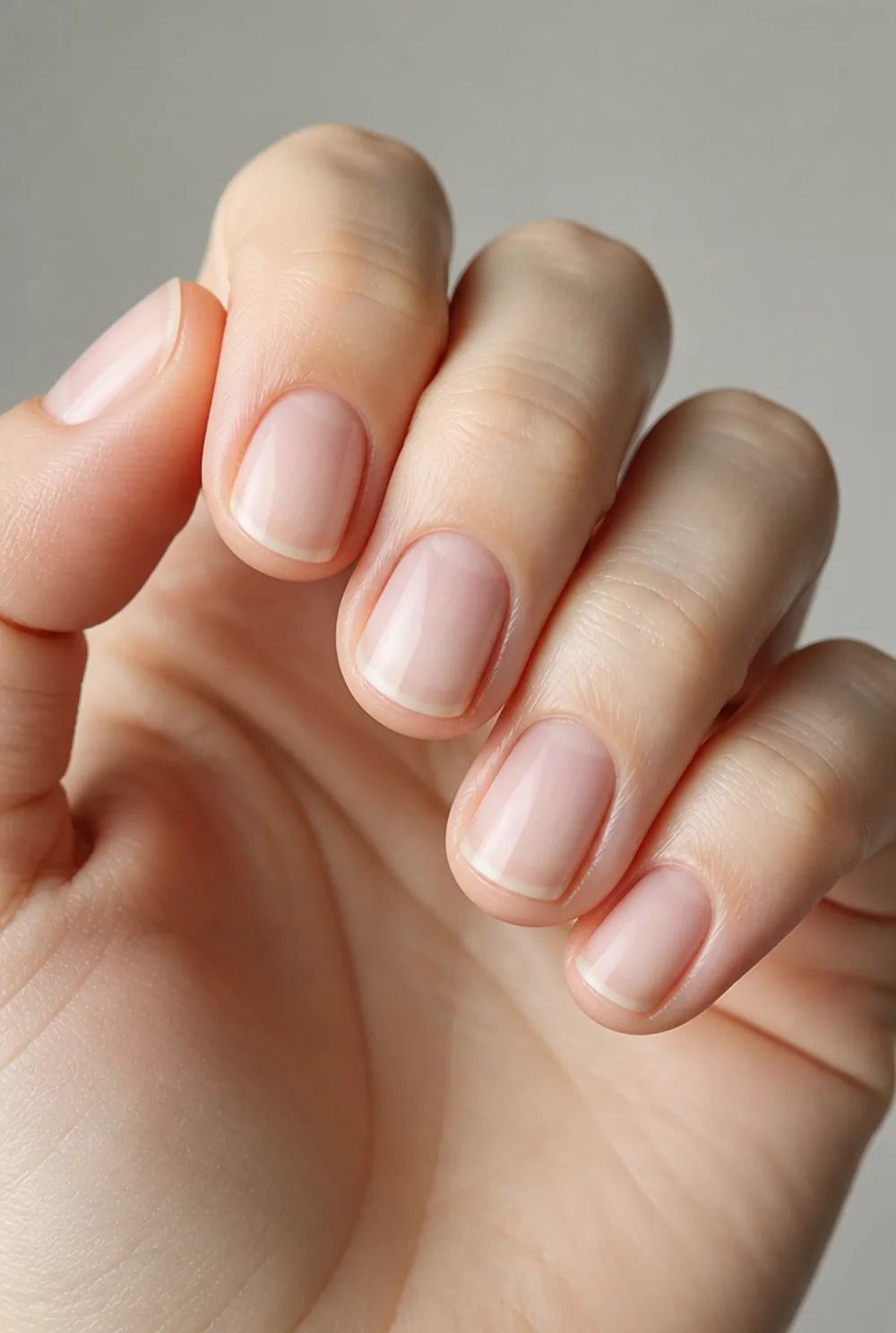 oval nail art on fair skin, short length