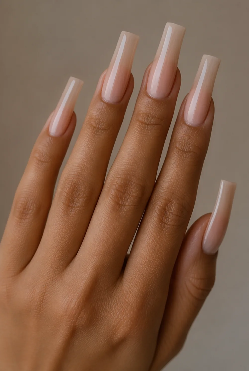 flare (duck) nail art on olive skin, long length