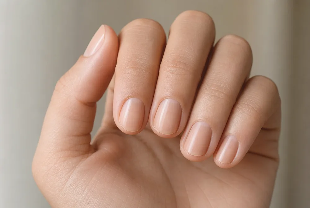 natural nude nails matched to skin tone on short round nails