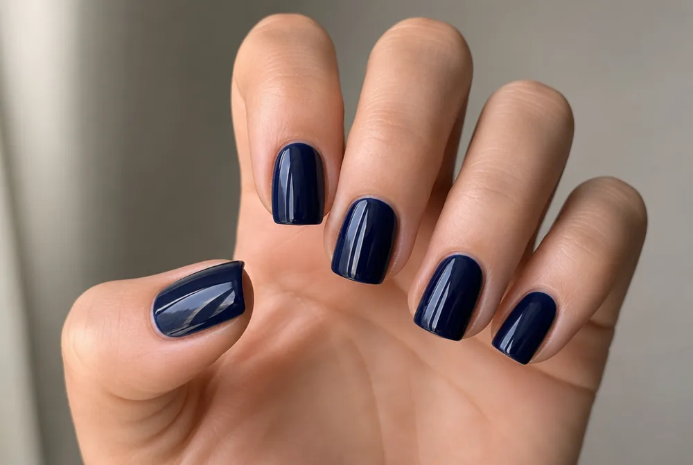 navy blue medium length nails with glossy finish