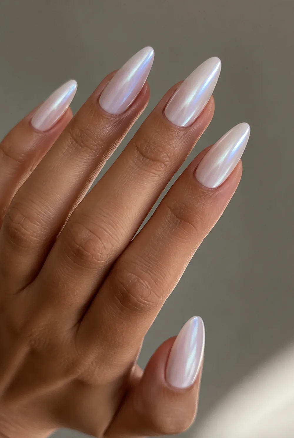 pearl glazed almond nail art on olive skin long length - PolishedAndPrettyNails.com pearl glazed almond nail art on olive skin, long length