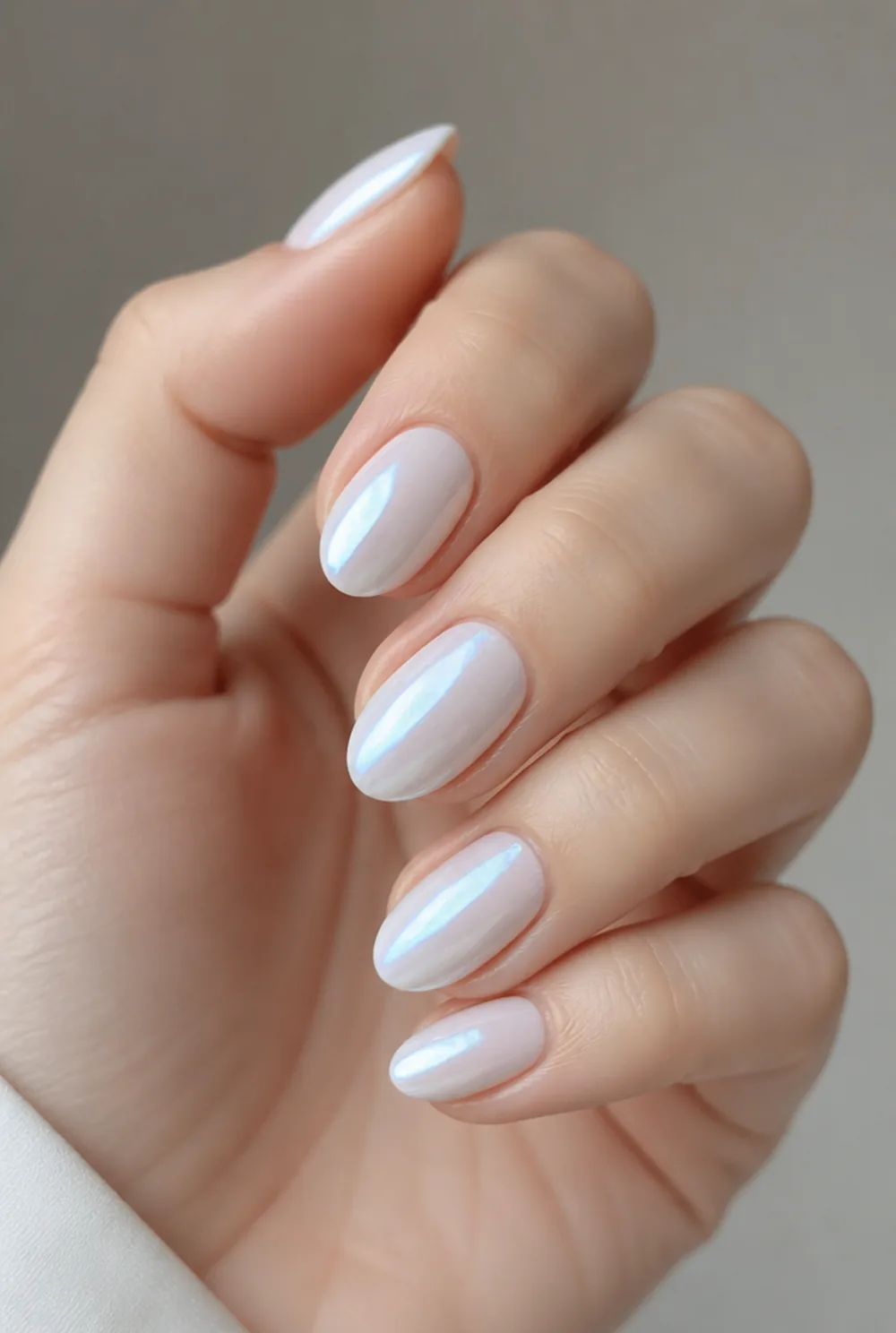 pearl glazed almond nail art on fair skin short length - PolishedAndPrettyNails.com pearl glazed almond nail art on fair skin, short length