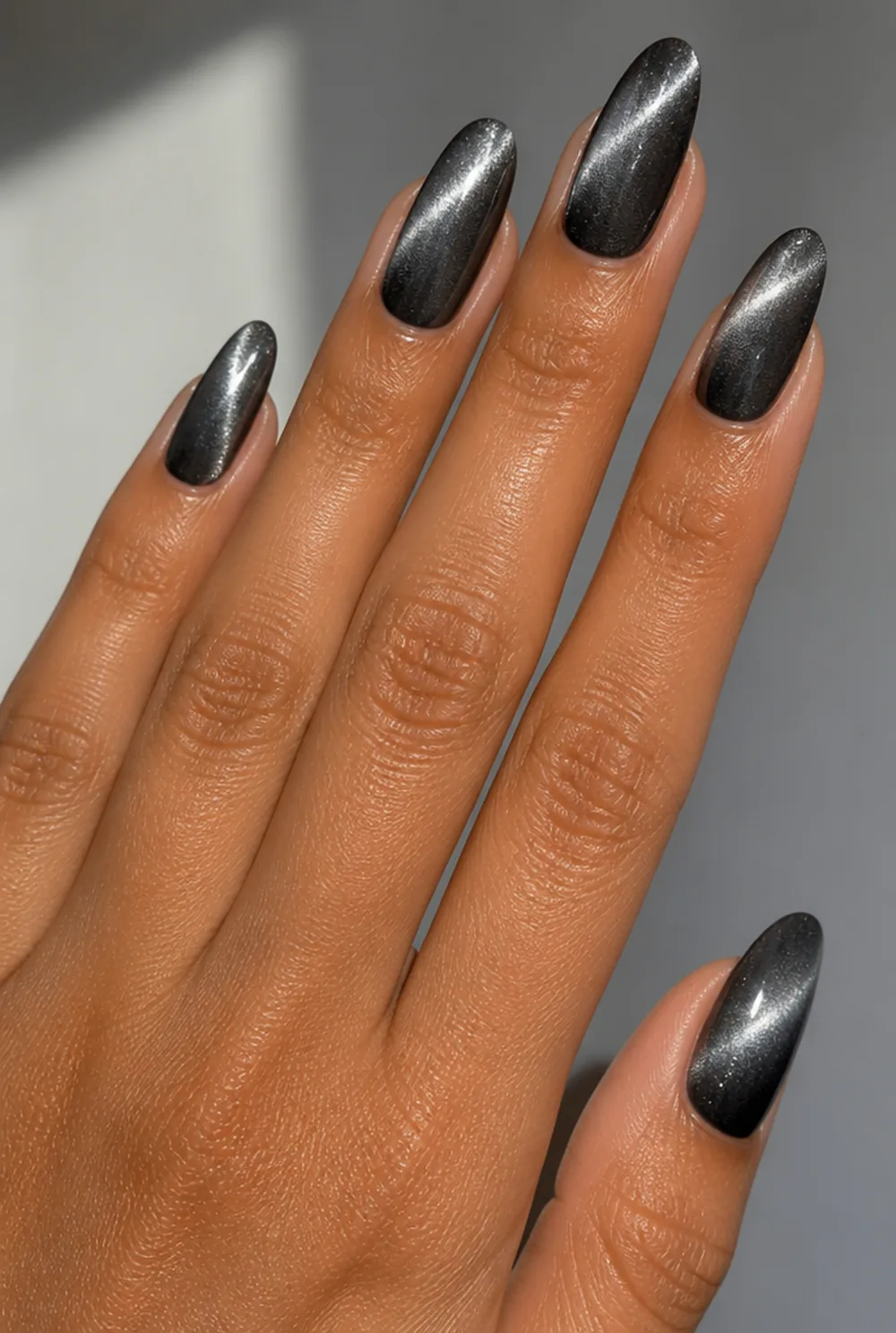silver cat eye nail art on olive skin long length - PolishedAndPrettyNails.com silver cat eye nail art on olive skin, long length