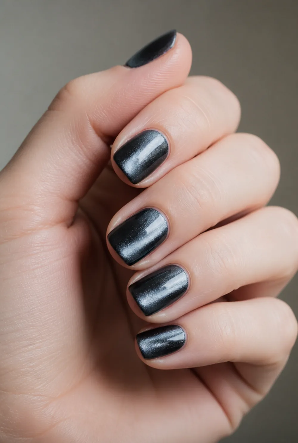 silver cat eye nail art on fair skin short length - PolishedAndPrettyNails.com silver cat eye nail art on fair skin, short length