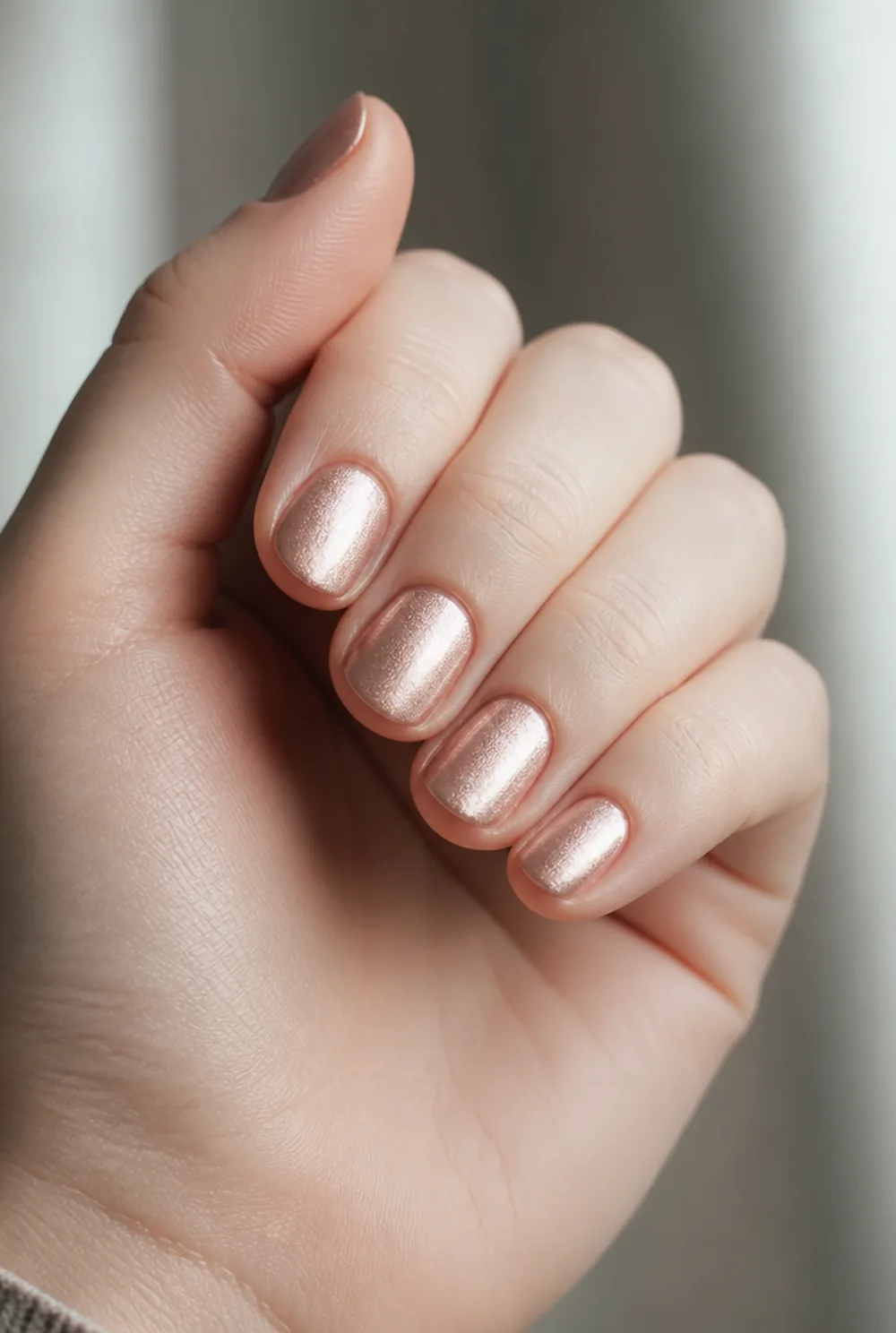 rose gold shimmer nail art on fair skin short length - PolishedAndPrettyNails.com rose gold shimmer nail art on fair skin, short length