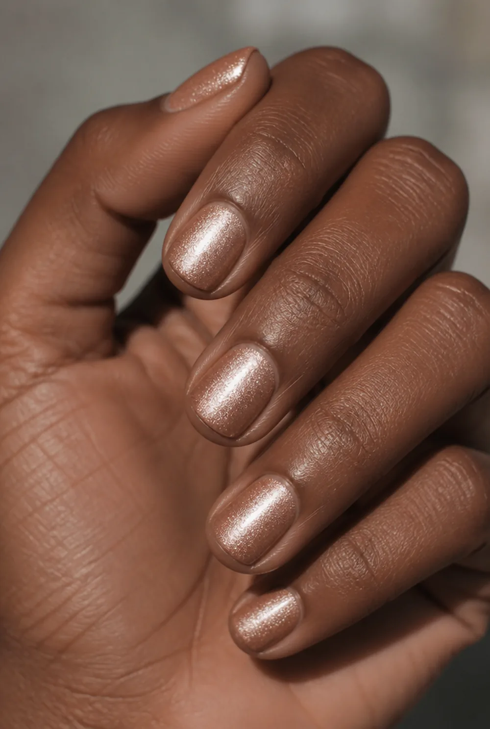 rose gold shimmer nail art on deep brown skin - PolishedAndPrettyNails.com rose gold shimmer nail art on deep brown skin