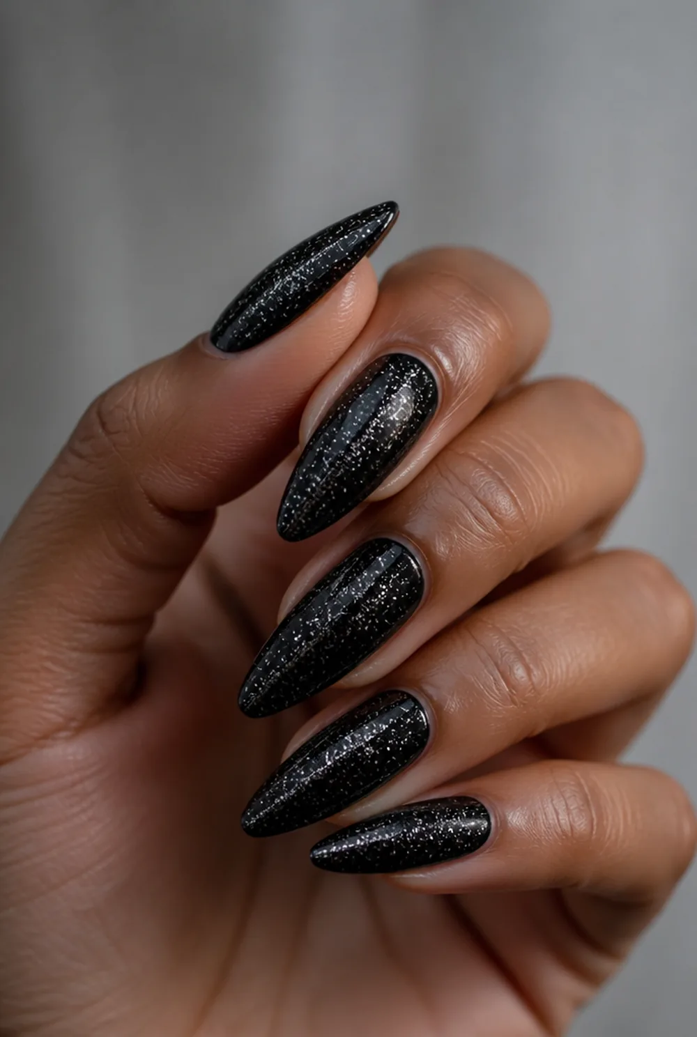 black with silver splatter nail art on olive skin long length - PolishedAndPrettyNails.com black with silver splatter nail art on olive skin, long length