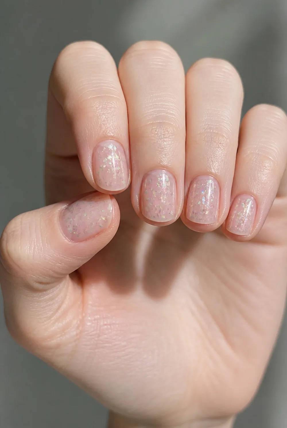 clear jelly with flakes nail art on fair skin short length - PolishedAndPrettyNails.com clear jelly with flakes nail art on fair skin, short length