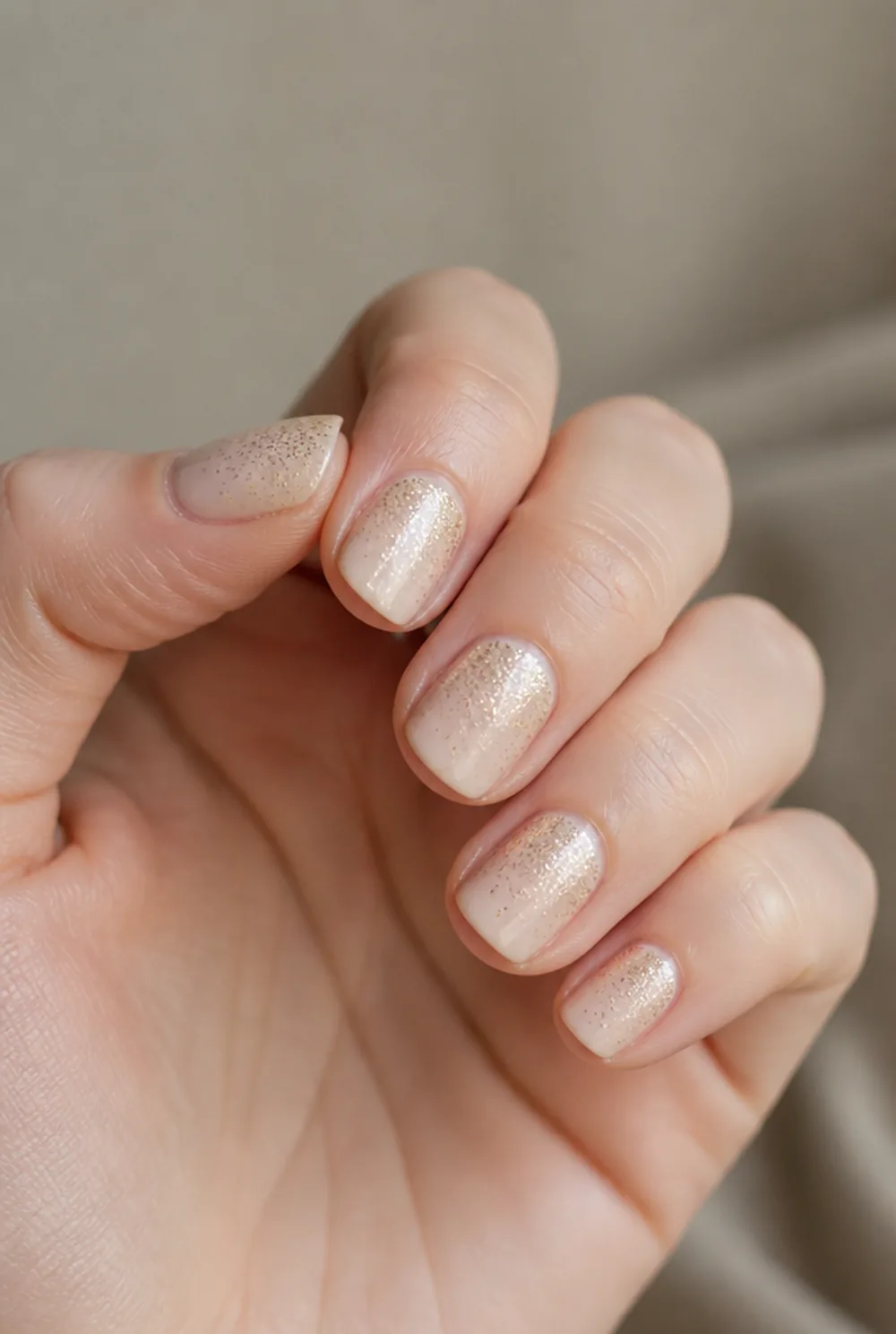 champagne glitter ombre nail art on fair skin short length - PolishedAndPrettyNails.com champagne glitter ombre nail art on fair skin, short length
