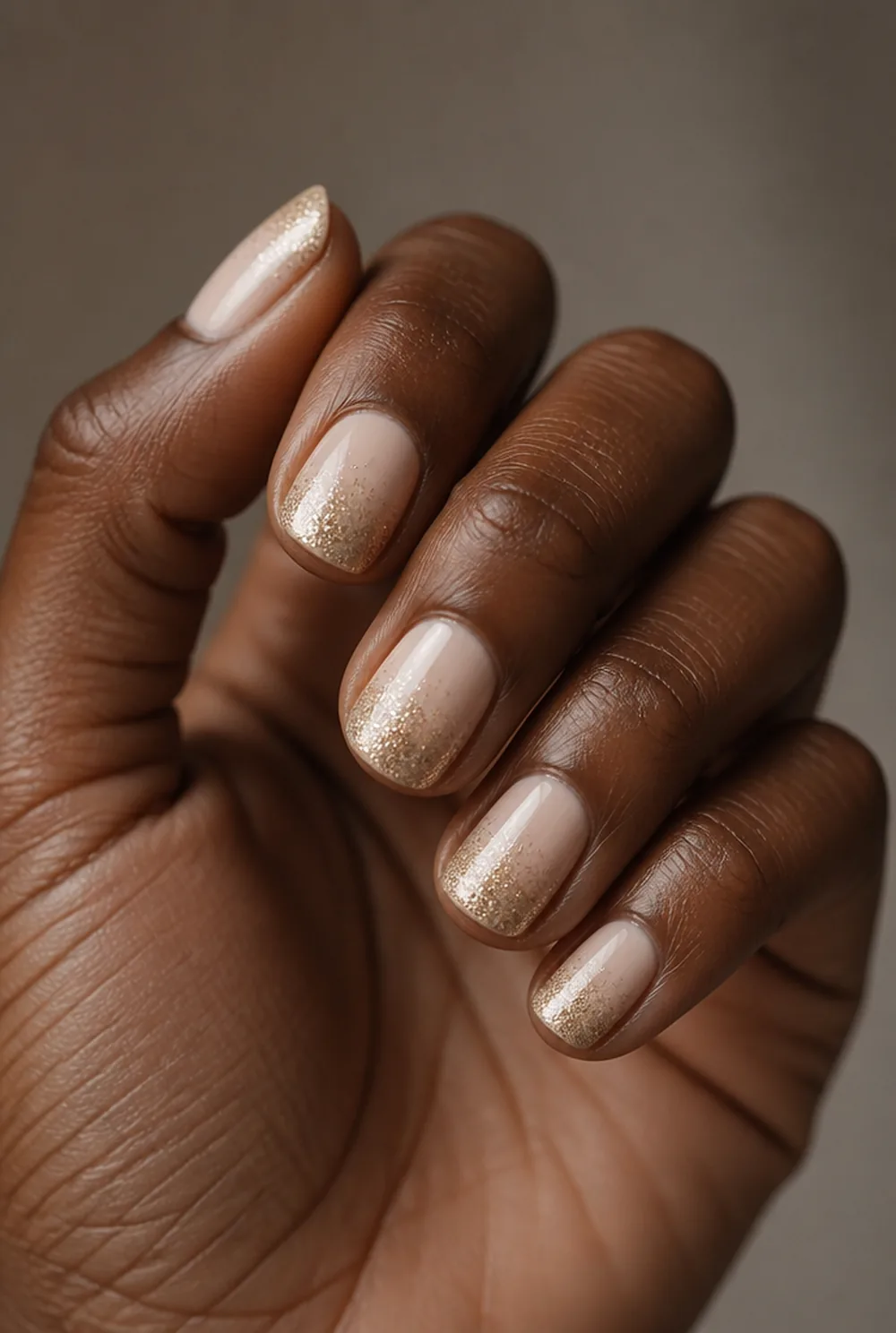 champagne glitter ombre nail art on deep brown skin - PolishedAndPrettyNails.com champagne glitter ombre nail art on deep brown skin