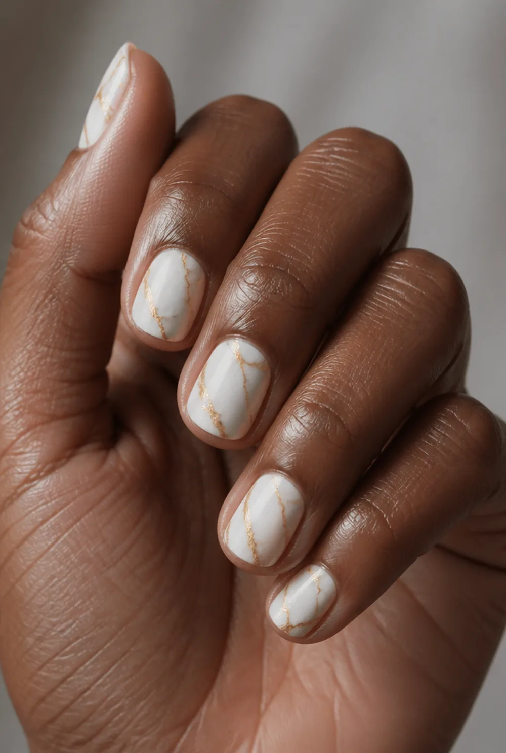 white and gold marble nail art on deep brown skin - PolishedAndPrettyNails.com white and gold marble nail art on deep brown skin