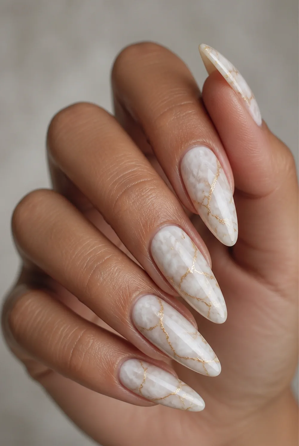 white and gold marble nail art on olive skin long length - PolishedAndPrettyNails.com white and gold marble nail art on olive skin, long length