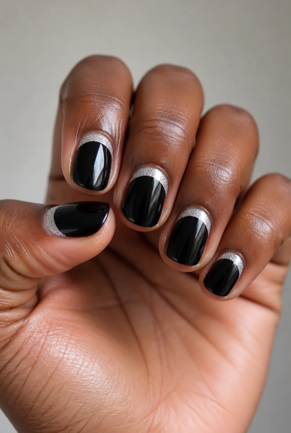 black and silver half moon nail art on deep brown skin - PolishedAndPrettyNails.com black and silver half moon nail art on deep brown skin
