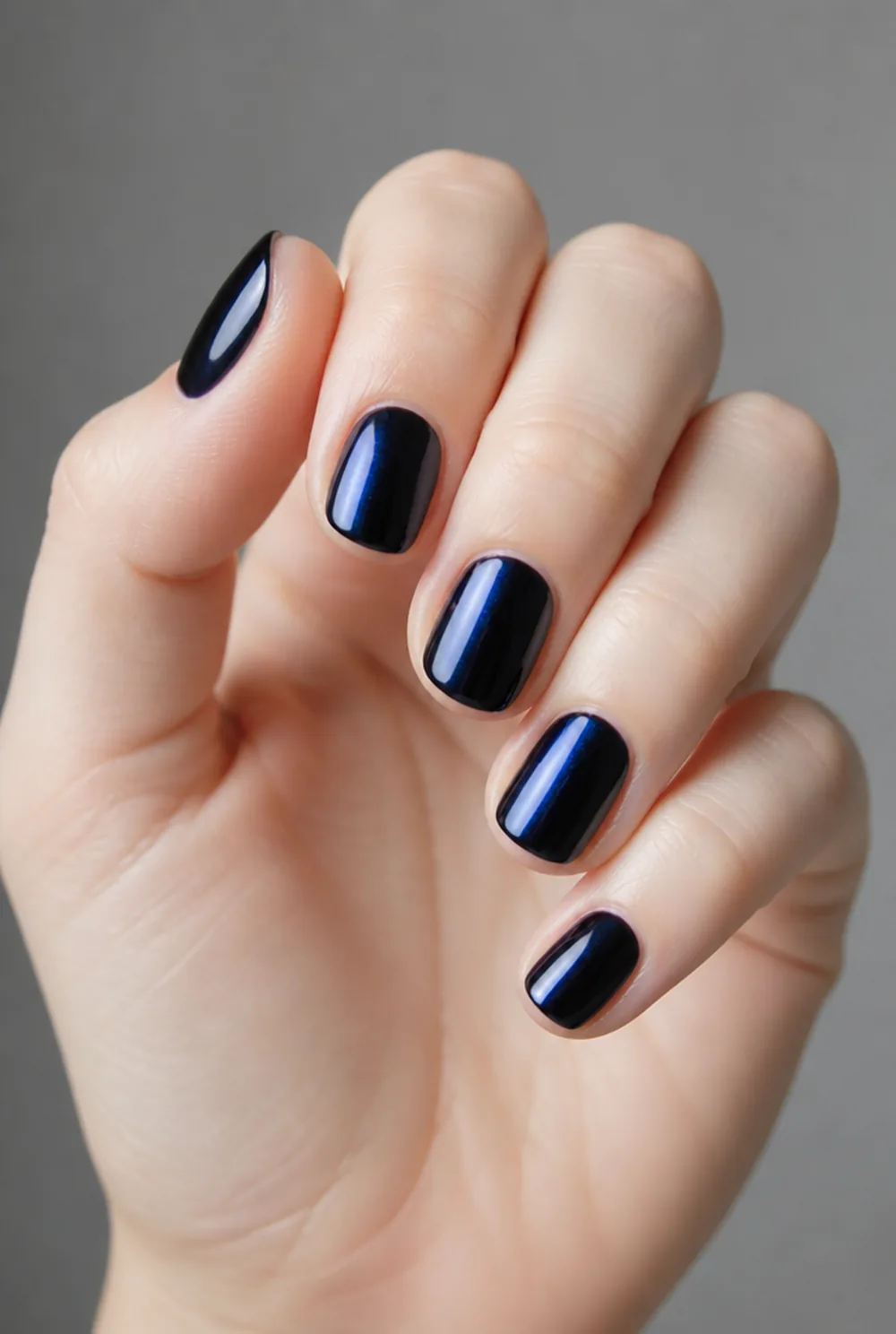 midnight navy gloss nail art on fair skin short length - PolishedAndPrettyNails.com midnight navy gloss nail art on fair skin, short length