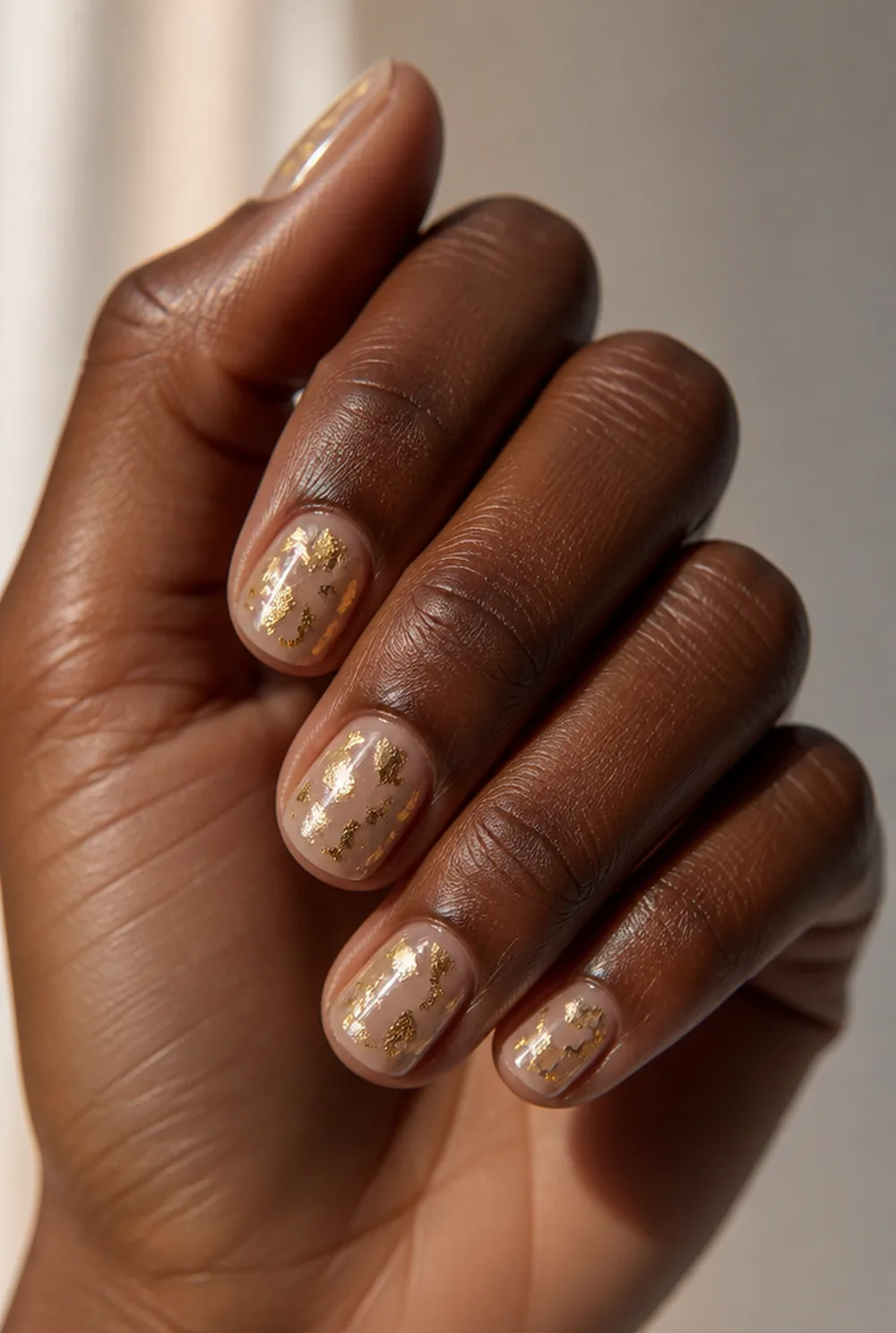 gold foil shards nail art on deep brown skin - PolishedAndPrettyNails.com gold foil shards nail art on deep brown skin