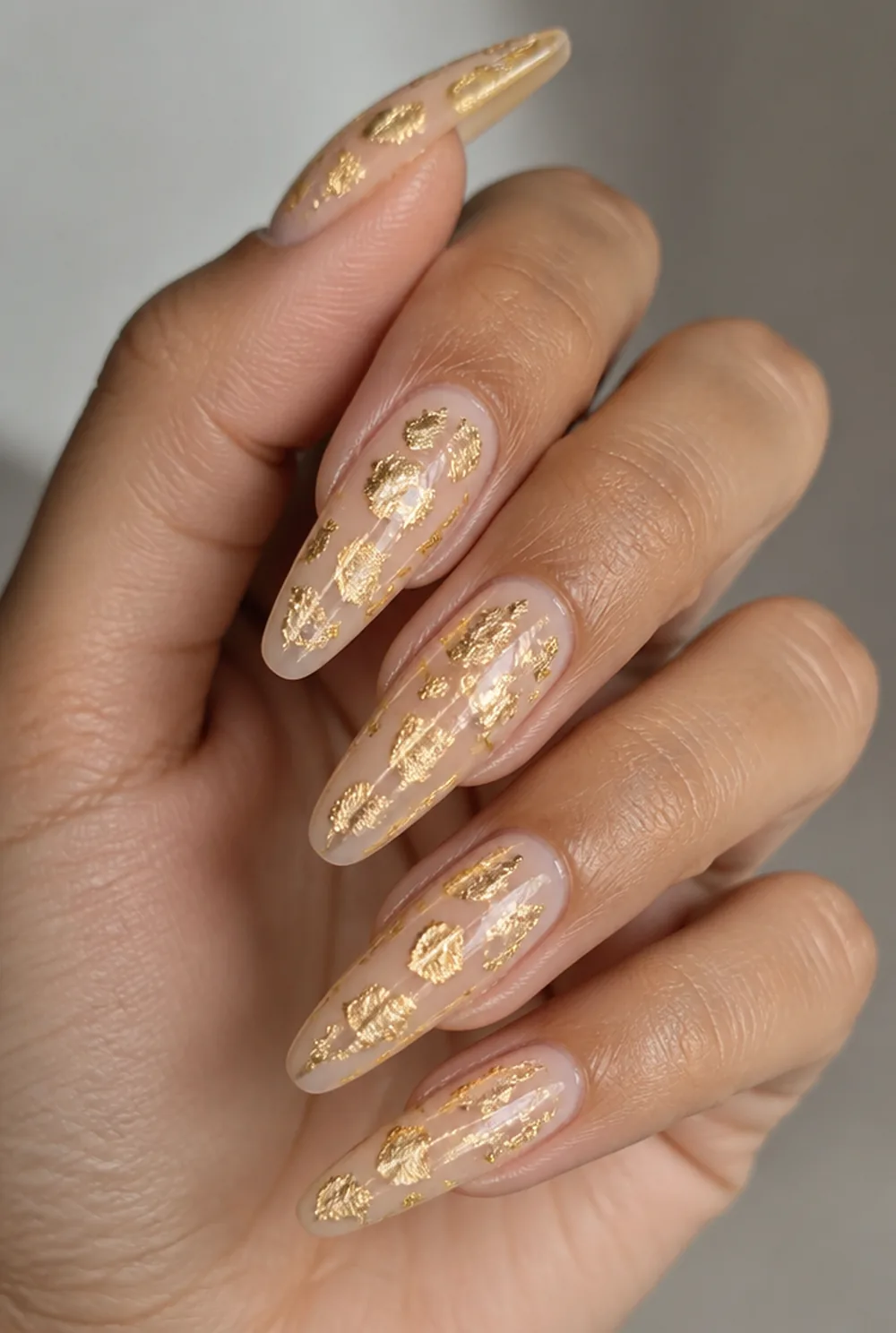 gold foil shards nail art on olive skin long length - PolishedAndPrettyNails.com gold foil shards nail art on olive skin, long length