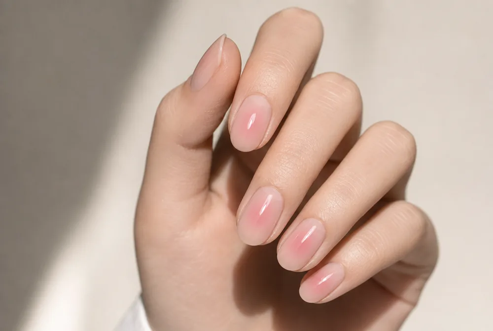 nude aura nails with soft blurred center glow