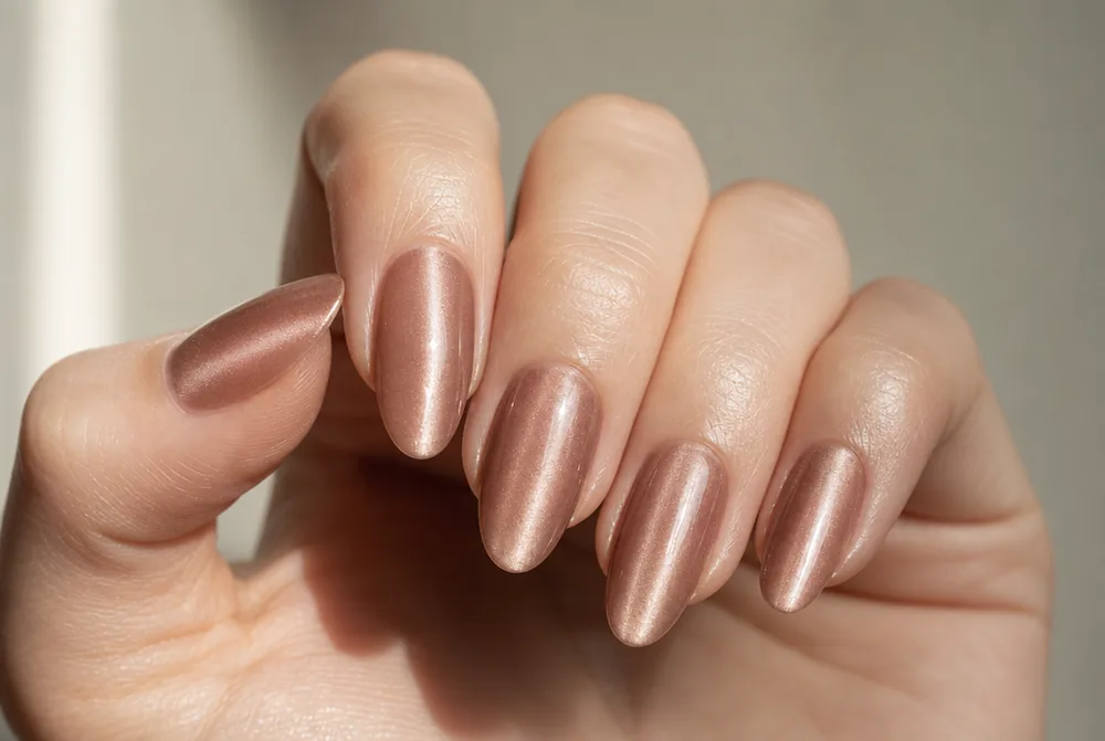 nude cat eye magnetic nails with light stripe