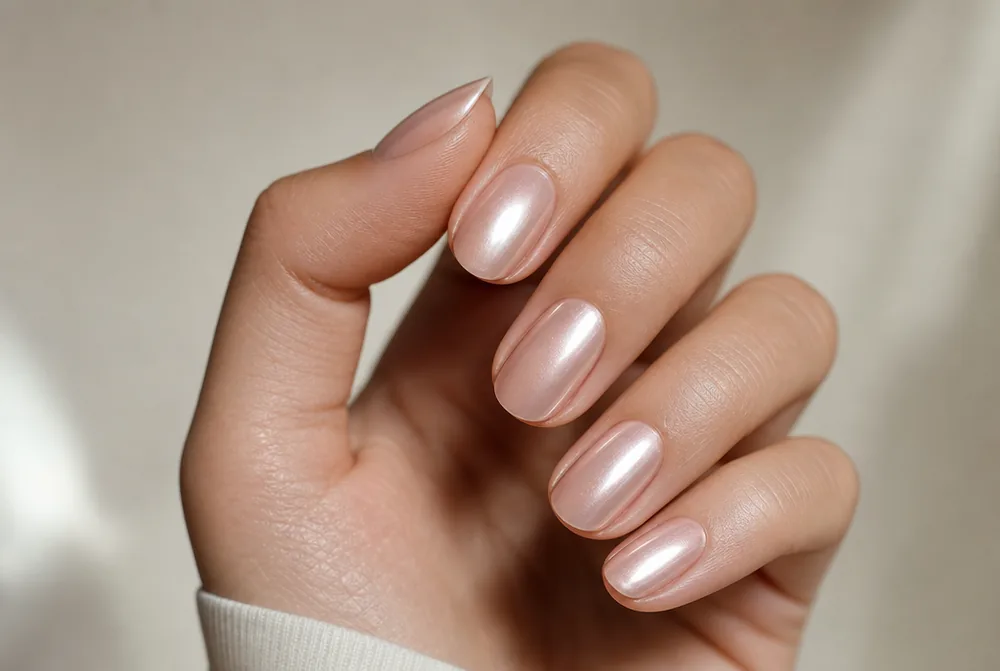 nude chrome nails with pearl metallic finish