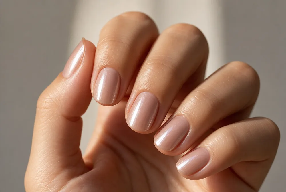 nude glazed donut nails with pearl chrome overlay