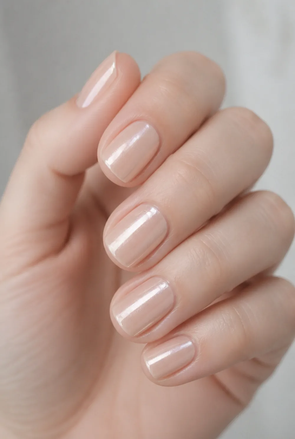 nude glazed donut nail art on fair skin, short length