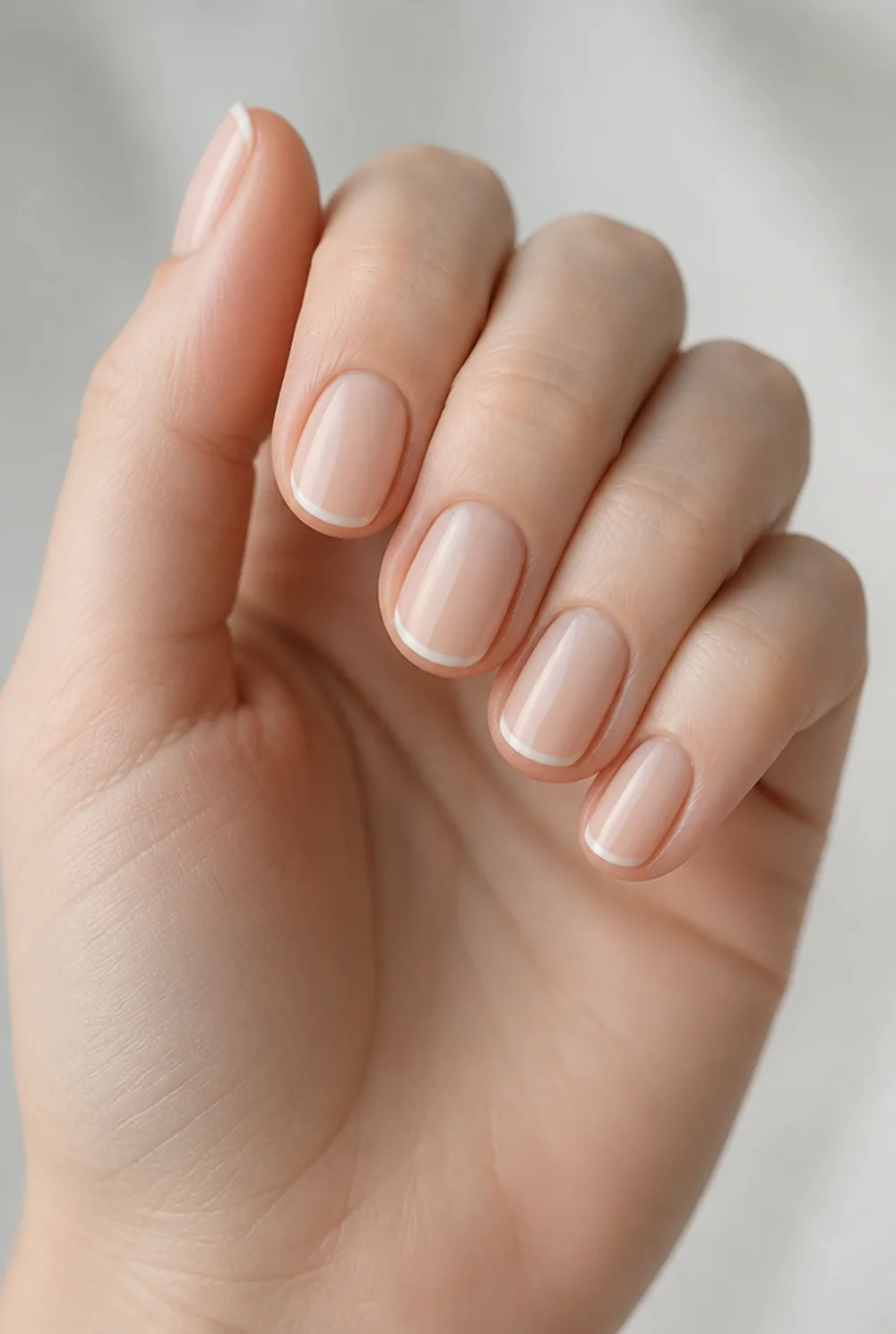 nude micro french nail art on fair skin, short length