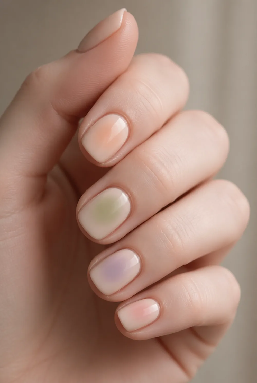 nude aura nail art on fair skin, short length