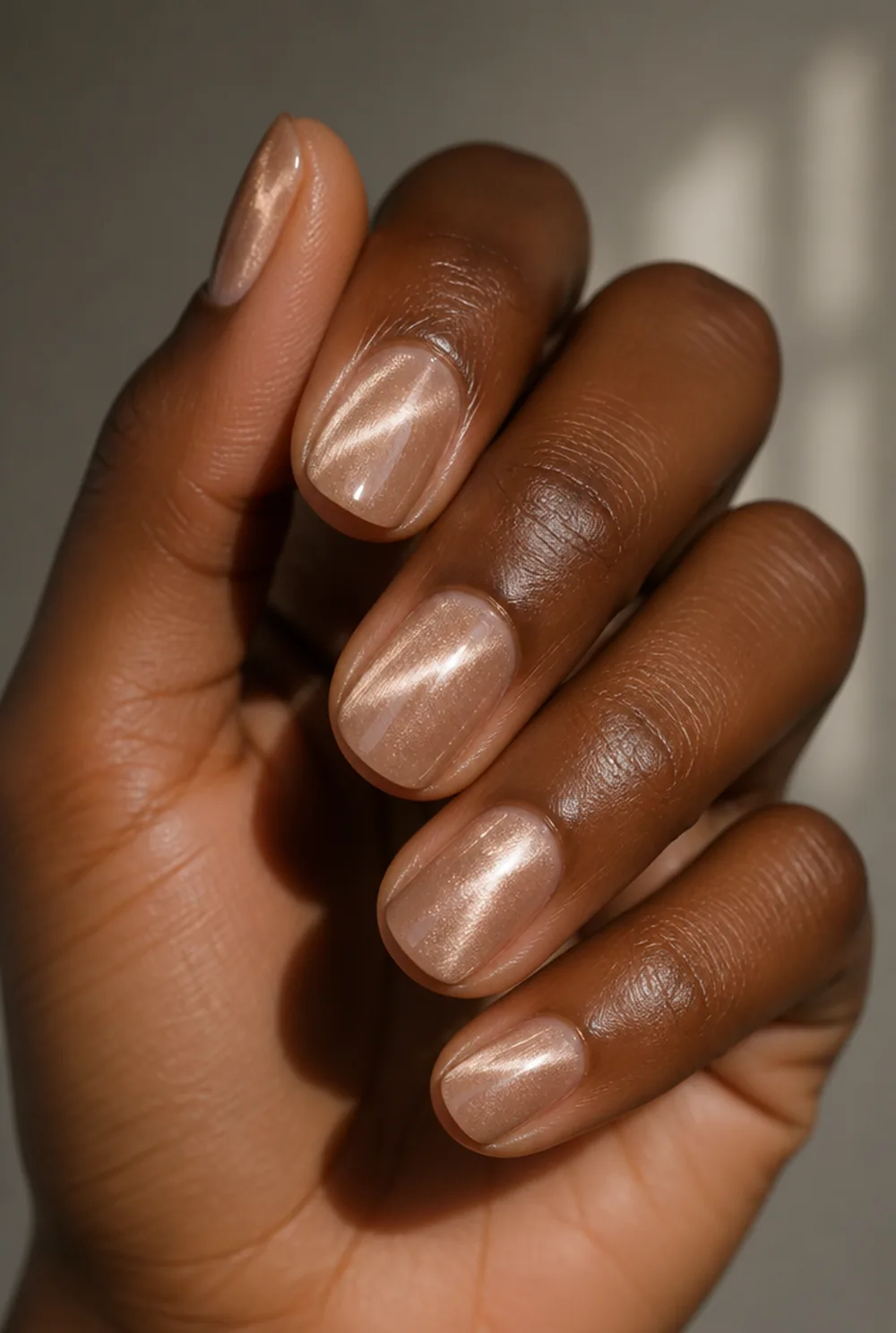 nude cat eye nail art on deep brown skin