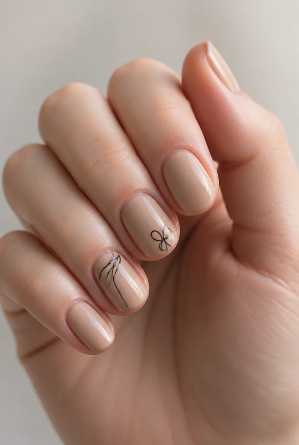 nude and black line art nail art on fair skin, short length