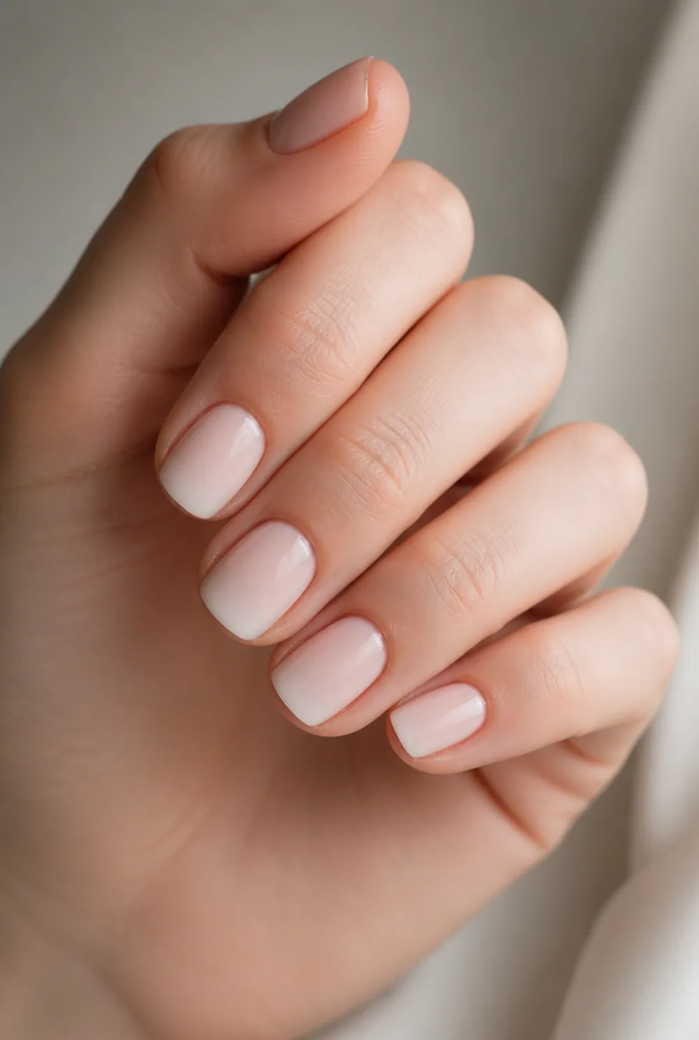 nude ombre to white nail art on fair skin, short length