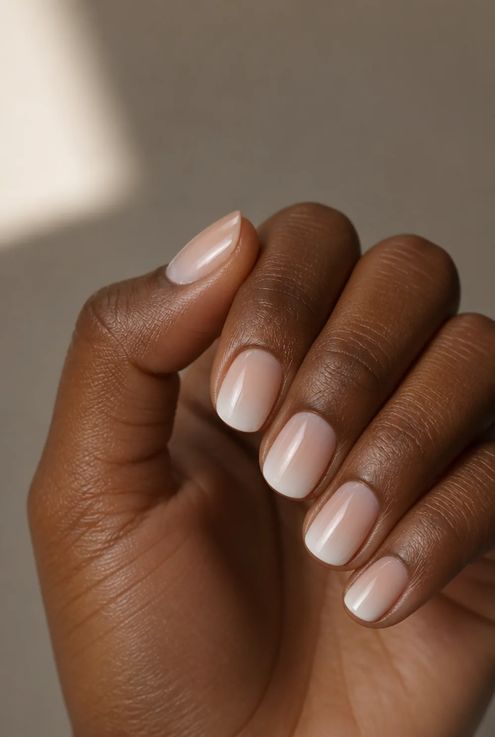 nude ombre to white nail art on deep brown skin