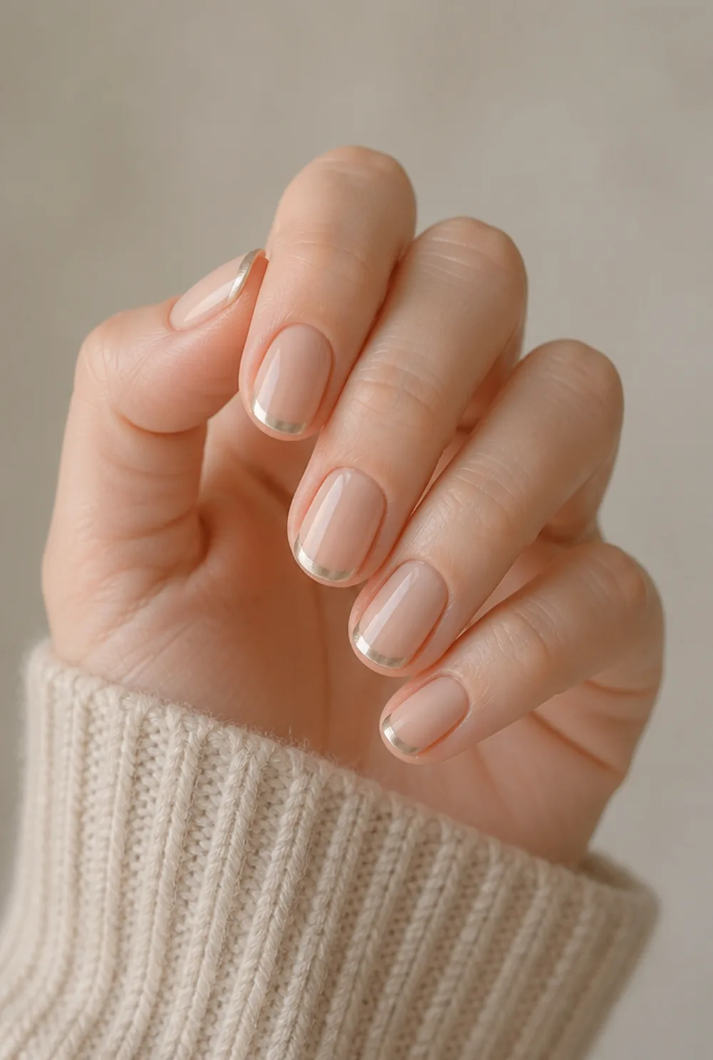 nude with chrome tips nail art on fair skin, short length