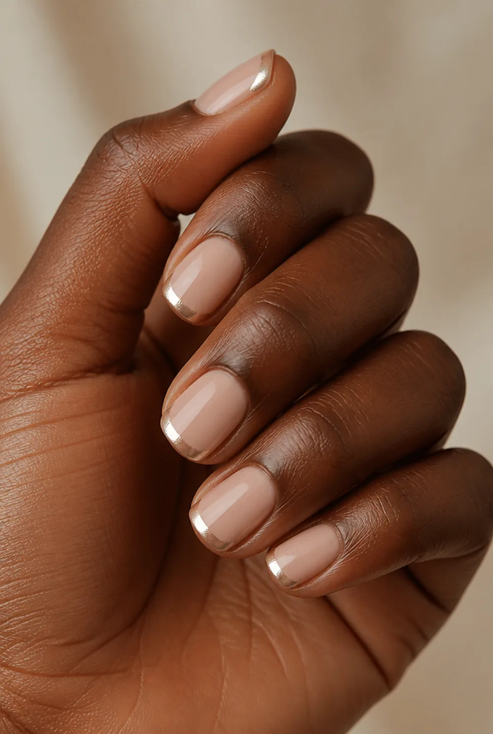 nude with chrome tips nail art on deep brown skin