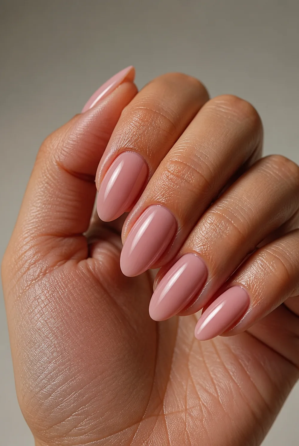 rosy nude nail art on olive skin, long length