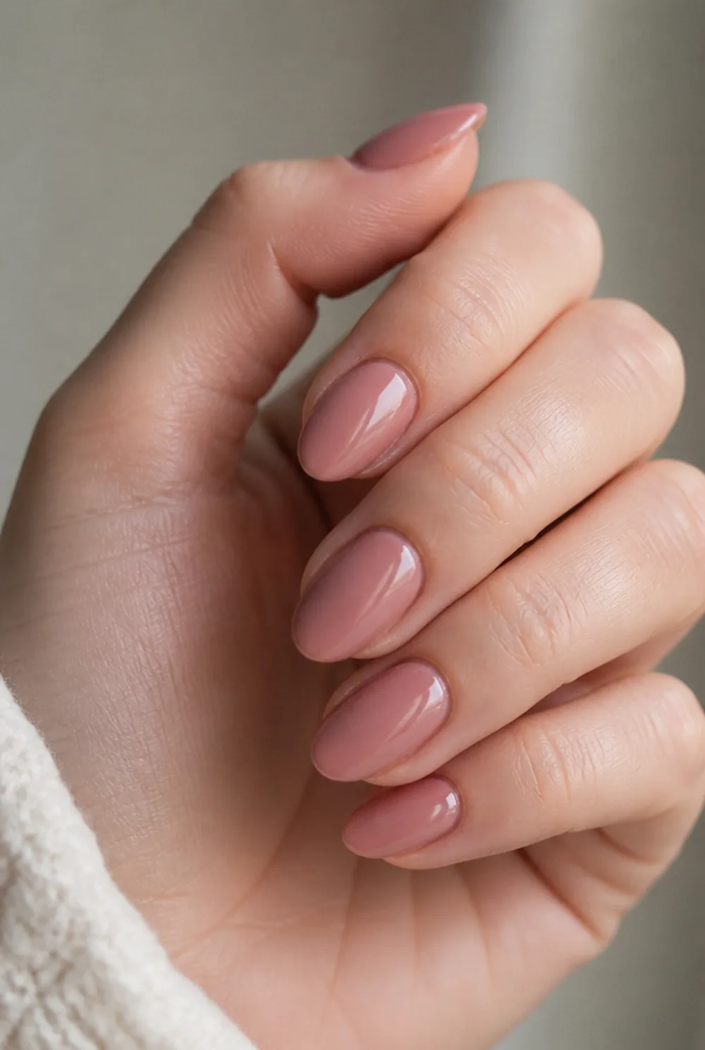 rosy nude nail art on fair skin, short length