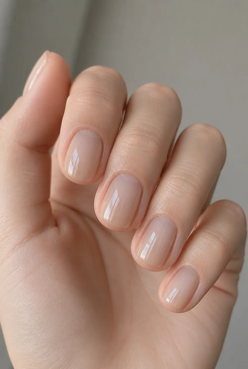 nude jelly nail art on fair skin, short length