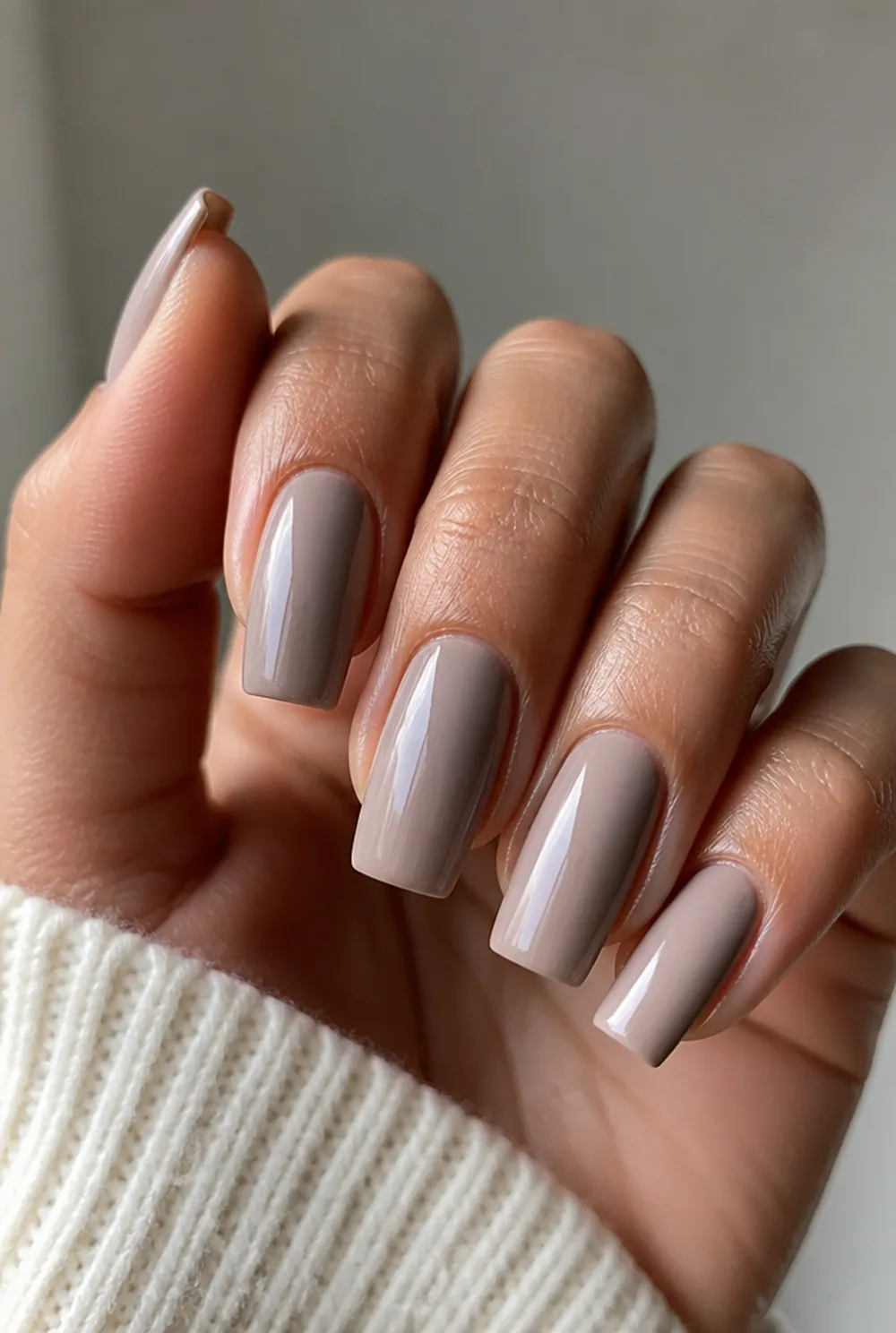 cool greige nail art on olive skin, long length