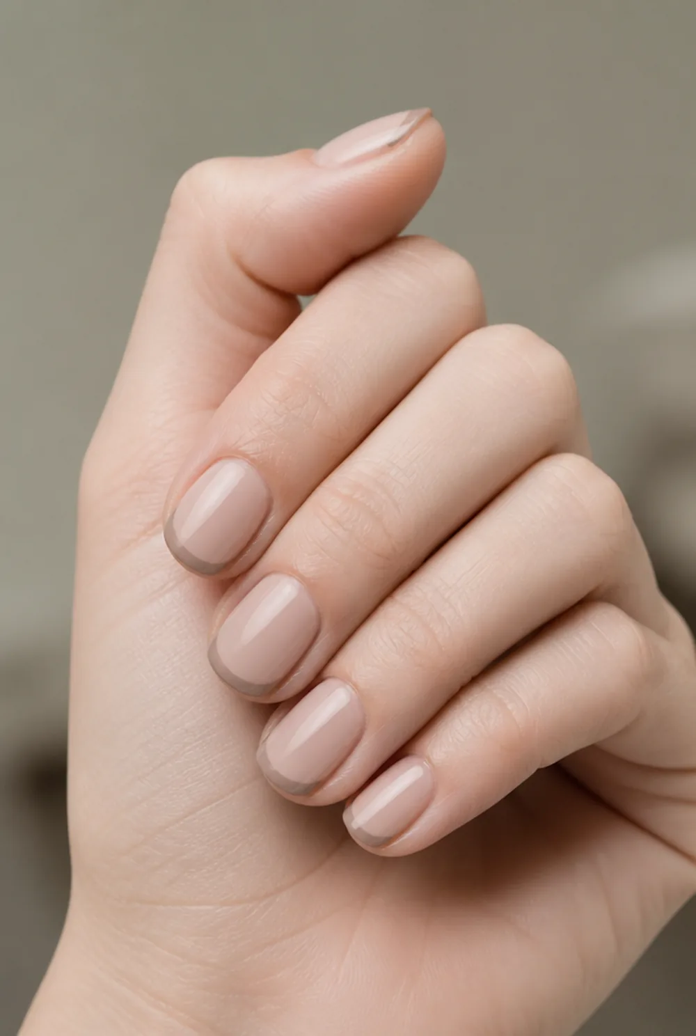 nude french tip nail art on fair skin, short length