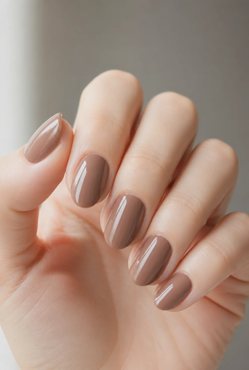 mocha nude nail art on fair skin, short length