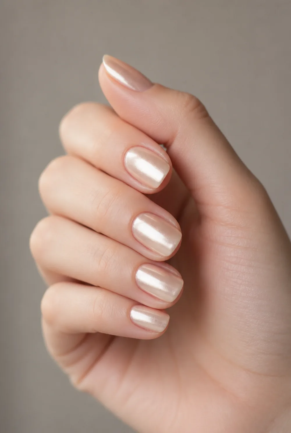 nude chrome nail art on fair skin, short length