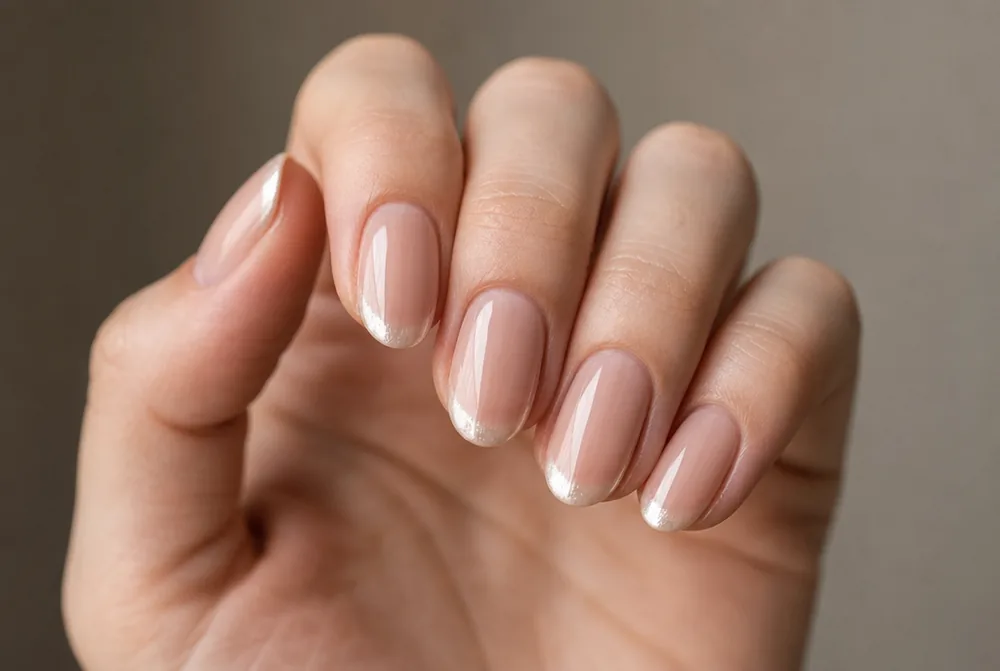 nude nails with chrome tip detail