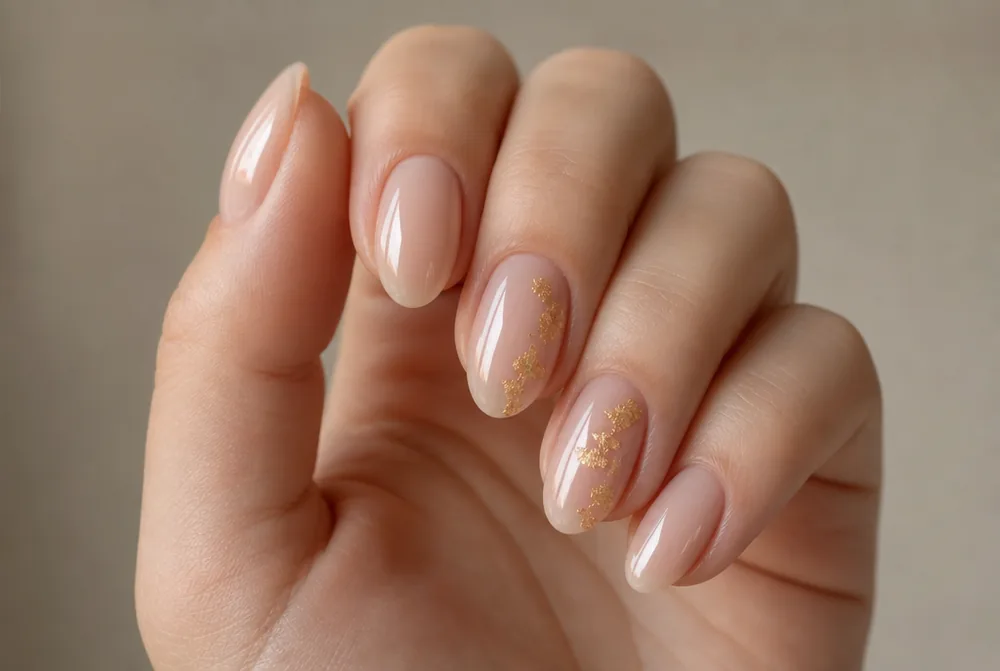 nude nails with gold foil shard accent
