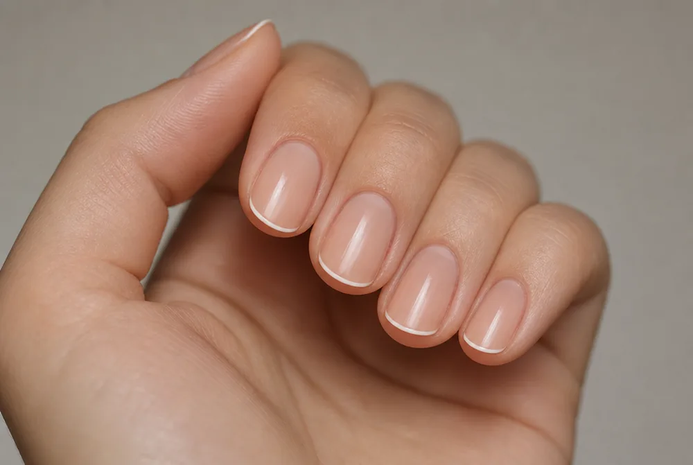 nude nails with micro thin white French tip