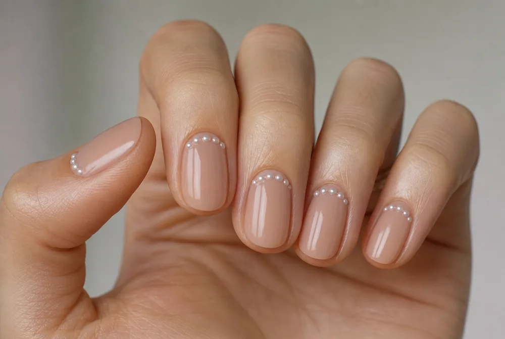 nude nails with pearl bead cuticle detail