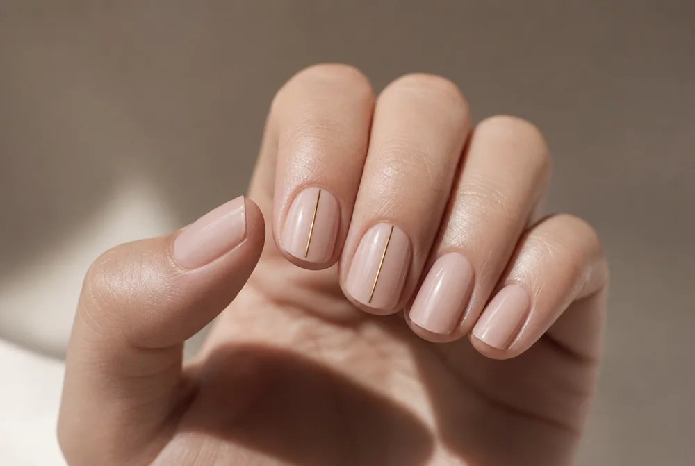nude nails with thin gold line accent